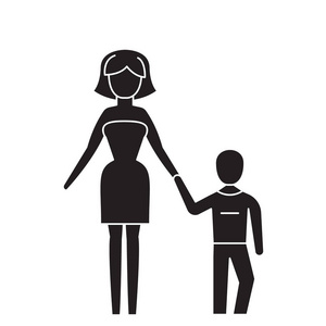 母子黑向量概念图标。母亲和儿子平例证, 标志