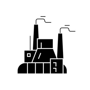 工业工厂, 电厂黑矢量概念图标。工业工厂, 发电站平例证, 标志