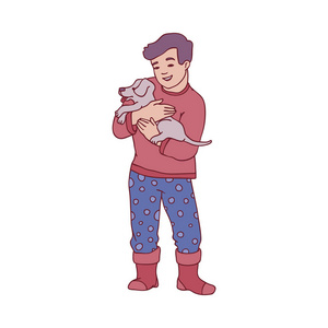 向量素描男孩拿着可爱的小狗