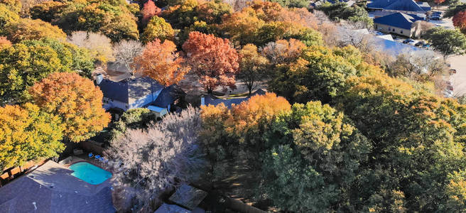 全景鸟瞰住宅小区，五颜六色的落叶附近的花丘德克萨斯州美国。 有花园附属车库和游泳池的独栋住宅