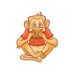 说话的大眼睛猴子的向量例证不说话, 因为吃大汉堡包照片