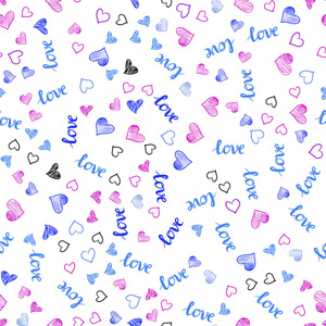 浅粉红色蓝色矢量无缝模板与文字爱你的心。 设计涂鸦风格与文字爱你的心。 名片网站模板。