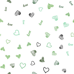 浅绿色矢量无缝模板与文字爱你的心。 用抽象风格的爱的话语来说明。 窗帘窗帘的纹理。