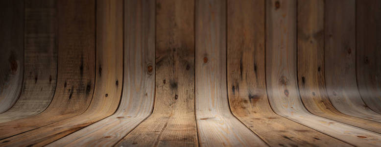 旧的粗糙弯曲木板纹理背景横幅。 木制墙壁和地板背景介绍