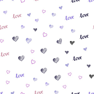 浅蓝红色矢量无缝纹理与文字爱你的心。 用抽象风格的爱的话语来说明。 名片网站模板。