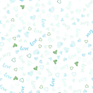 浅蓝绿色矢量无缝图案与短语爱你的心。 浪漫的插图与五颜六色的短语爱你的心。 时尚面料壁纸的图案。