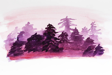 水彩画抽象的沃德兰冷杉树剪影，冬紫背景