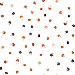 浅橙色矢量无缝图案与咖啡豆杯。 咖啡杯和豆子的装饰梯度设计。 咖啡馆里黑色热饮料的模板。