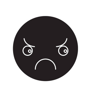 悲伤的表情符号黑色矢量概念图标。悲伤表情符号平面插图, 标志