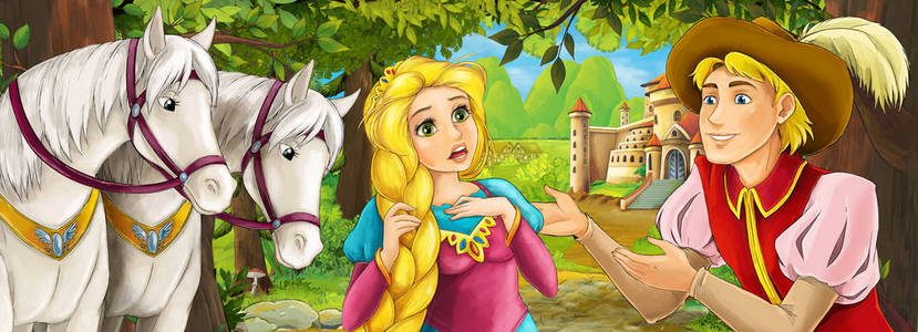 卡通自然场景，森林附近有美丽的城堡，有美丽的年轻公主和马儿童插图