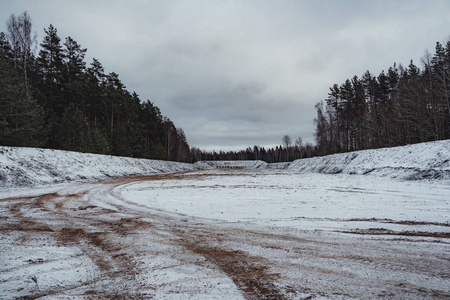 在白雪覆盖的空旷田野上的车胎标记，背景中的木头多云的日子，复古的电影外观
