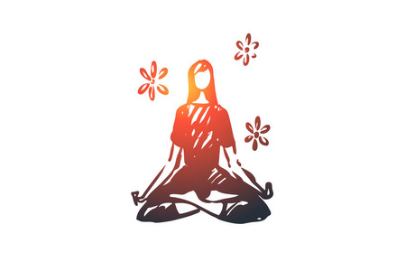 瑜伽, 冥想, 健康, 放松, 莲花的概念.手绘的被隔绝的向量照片
