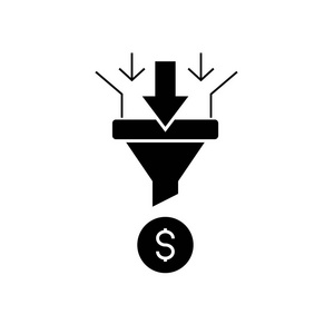 销售漏斗黑色矢量概念图标..销售漏斗平面插图，标志，符号