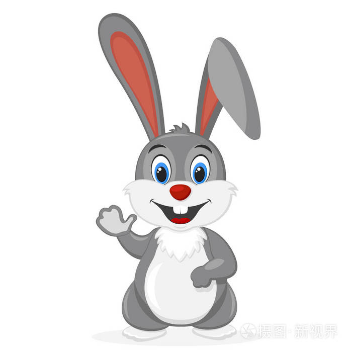 灰色的野兔微笑着, 把爪子挥动在白色的爪子上
