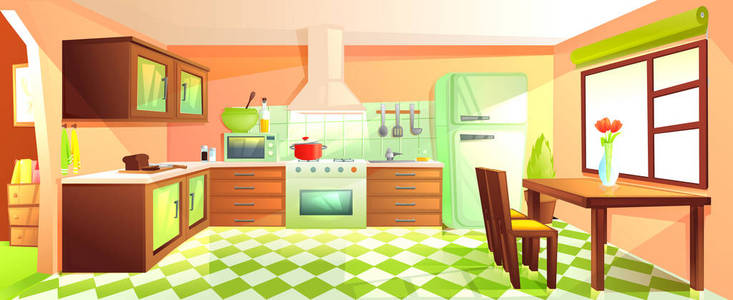 现代化的厨房内饰配有家具。设计室, 带引擎盖炉灶微波炉水槽和冰箱