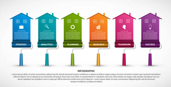 有五颜六色的房子的信息图表。 用于演示或广告小册子。 矢量图。