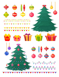 圣诞树的向量例证集合与装饰和礼物箱子。冬季装饰玩具, 花环, 球, 圣诞树查出在白色背景上创建你的设计圣诞树。平