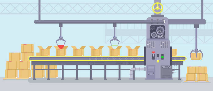 用生产传送带加工智能机器制造内饰的矢量图解。平面卡通风格的产业理念