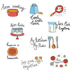 一套绘制的厨房用具和食品的标签与美丽的铭文