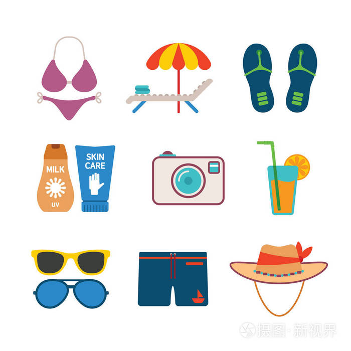 一套矢量色彩丰富的海滩度假图标，如比基尼躺椅，帐篷，拖鞋，照片，相机，鸡尾酒，太阳镜，帽子和融化的平面风格