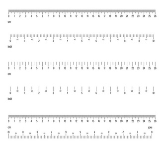 英寸和公制标尺。厘米和英寸测量刻度厘米指标。标尺10英寸和网格26厘米大小指示器单位。公制厘米尺寸指示器