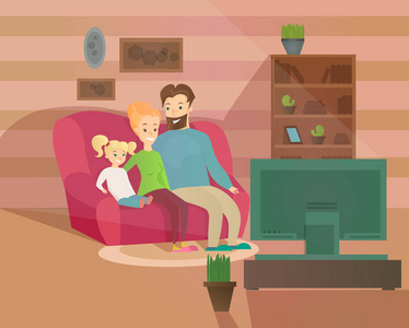 愉快的家庭晚上的向量例证。母亲父亲和孩子坐在家里的沙发上看电视, 舒适的内饰, 平淡无奇的卡通风格