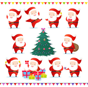 向量例证集合可爱和有趣的圣诞老人在不同的姿势。收集圣诞老人和圣诞树与装饰。新年快乐。圣诞快乐集在卡通扁平风格