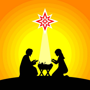 圣经插图。 圣诞故事。 玛丽和约瑟夫带着婴儿耶稣。 伯利恒市附近的耶稣诞生场景。
