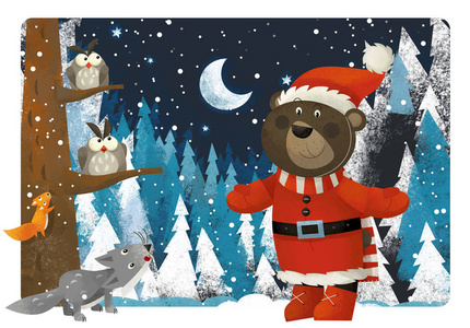 宗教冬季场景与森林动物猫头鹰，狼和圣诞老人熊附近圣诞树传统场景插图儿童。