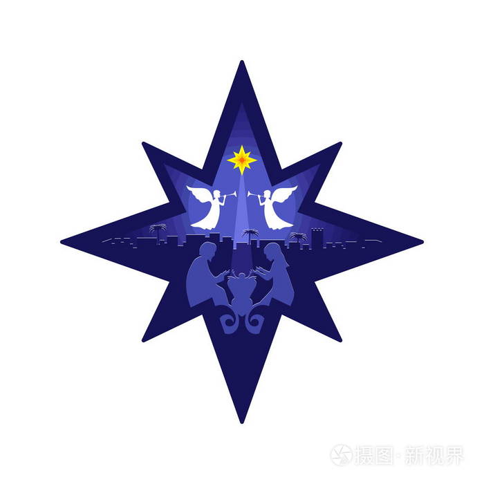 圣诞故事伯利恒之星约瑟夫和玛丽在婴儿耶稣的托儿所天使预示着好消息