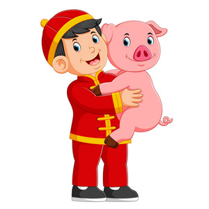 动画福气娃一个小男孩里,一个小男孩正在和一只猪玩耍照片