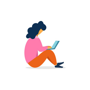 女孩坐在笔记本电脑上看书。小工具和社交网络痴迷。动画片向量