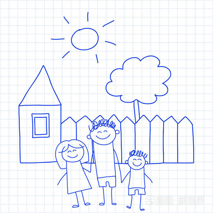 愉快的家庭与小孩和房子孩子画向量例证蓝色墨水笔图片在被检查的记事