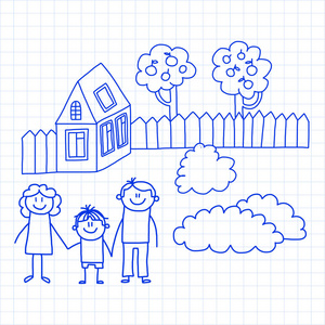 愉快的家庭与小孩和房子孩子画向量例证蓝色墨水笔图片在被检查的记事