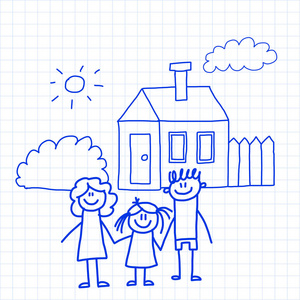 愉快的家庭与小孩和房子孩子画向量例证蓝色墨水笔图片在被检查的记事