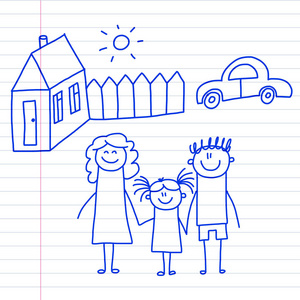 愉快的家庭与小孩和房子孩子画向量例证蓝色墨水笔图片在记事本