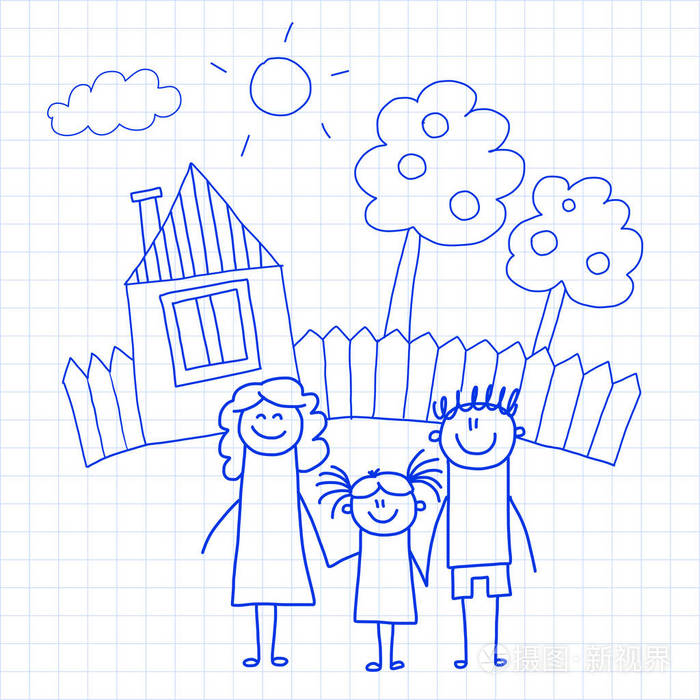 愉快的家庭与小孩和房子孩子画向量例证蓝色墨水笔图片在被检查的记事