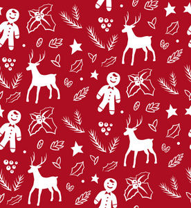 红色背景上的矢量白色无缝图案。圣诞快乐和新年插图。鹿冬青等
