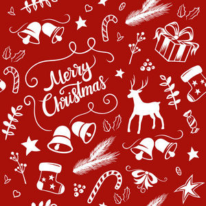 红色背景上的矢量白色无缝图案。圣诞快乐和新年插图和字体组成。鹿铃袜针棒棒糖礼物等