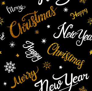 矢量纹理金闪闪发光和白色无缝图案上的黑色背景。圣诞快乐，新年包装纸，字体为字母