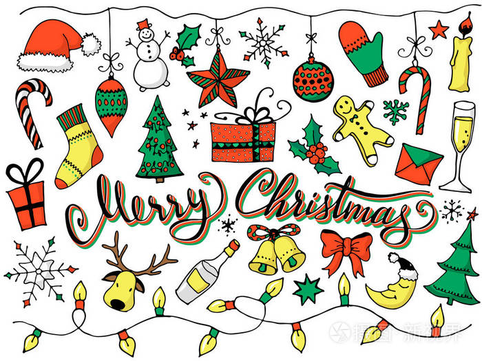 可爱的手绘设计元素为您.圣诞快乐,新年象征,刻字.矢量图