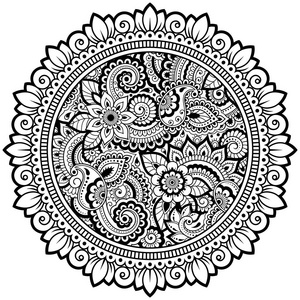 圆形图案以曼陀罗的形式，花为Henna，Mehndi，纹身，装饰。东方民族风格的装饰装饰品。着色图书页..