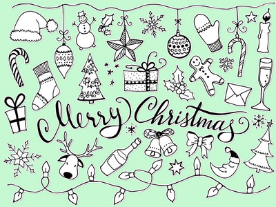 涂鸦圣诞套装。可爱的手绘设计元素为您。圣诞快乐，新年象征，刻字。矢量图