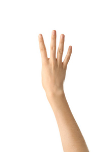 女性手指在白色背景下显示四个手指