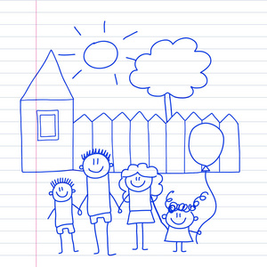 愉快的家庭与小孩和房子孩子画向量例证蓝色墨水笔图片在记事本