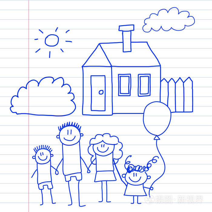 愉快的家庭与小孩和房子孩子画向量例证蓝色墨水笔图片在记事本