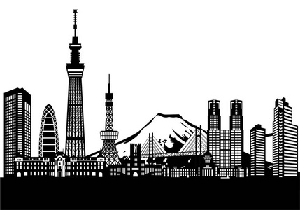 东京地标建筑和富士山图标集. 矢量图.照片