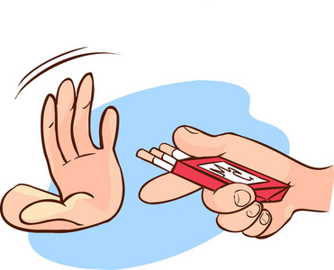 拒绝烟草拒绝香烟提议的手隔开蓝色背景照片