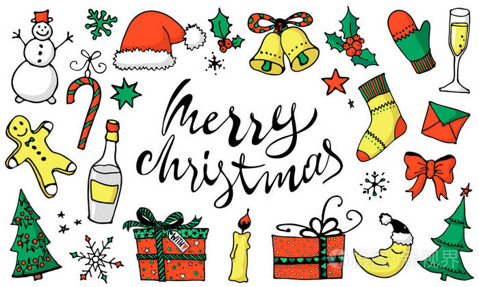 可爱的手绘设计元素为您. 圣诞快乐和新年节日象征. 矢量插图