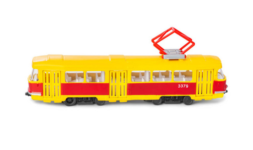 斯柯达电车模型玩具电车孤立在白色背景上照片